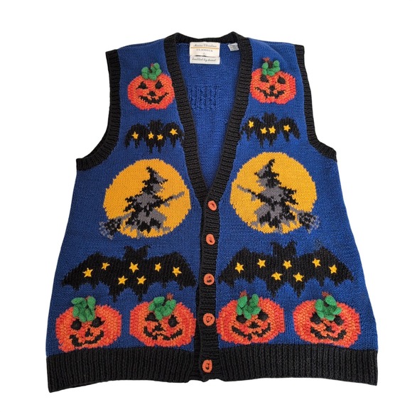 Vintage Jackets & Blazers - Vintage Marisa Christina L Blue Halloween Cat Moon Stars Knit Vest Ugly Sweater